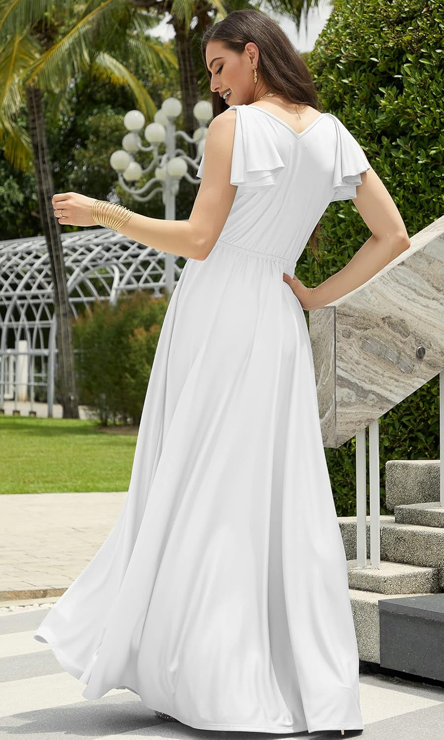 Womens Long V-Neck Ruffle Sleeveless Bridesmaid Prom Gown Maxi Dress