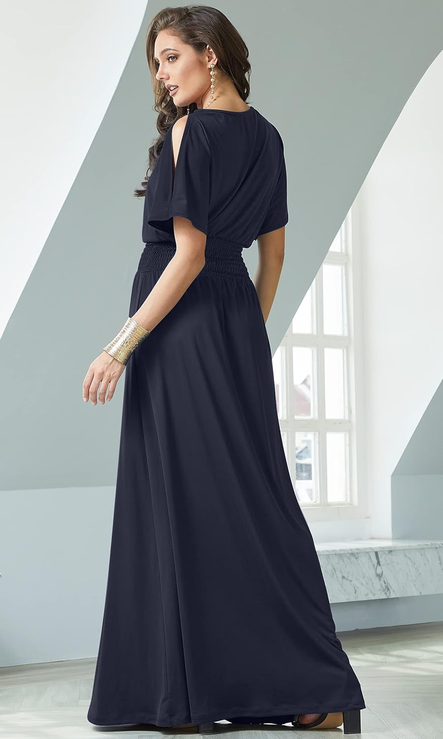 Womens Split Sleeves Smocked Elegant Cocktail Long Maxi Dress