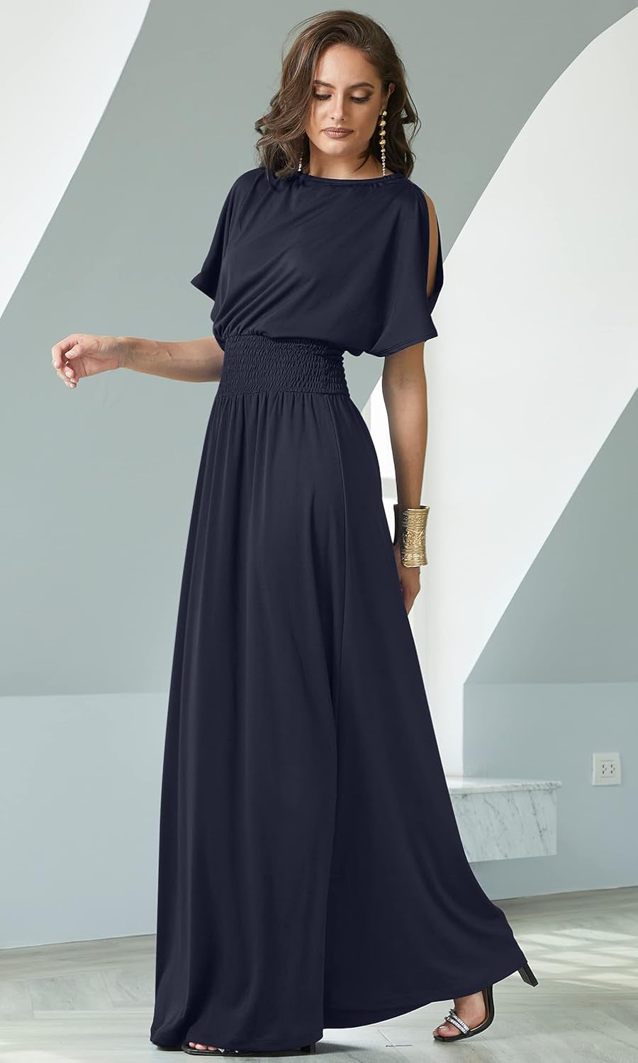 Womens Split Sleeves Smocked Elegant Cocktail Long Maxi Dress