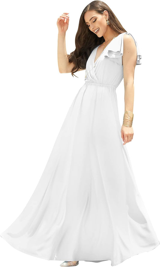 Womens Long V-Neck Ruffle Sleeveless Bridesmaid Prom Gown Maxi Dress