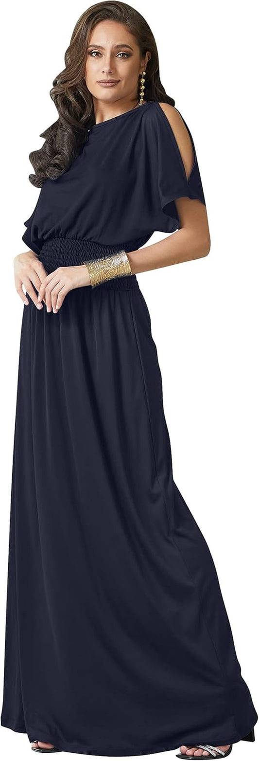 Womens Split Sleeves Smocked Elegant Cocktail Long Maxi Dress